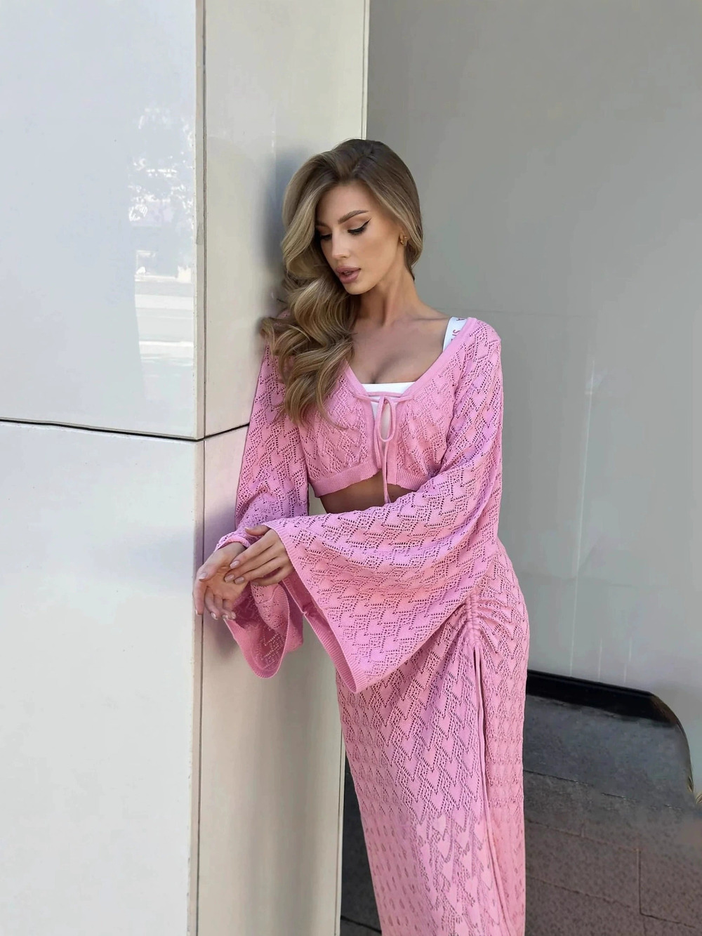 Zara Pink Long Sleeve Casual Top and Bodycon Skirt Set Loose Comfortable